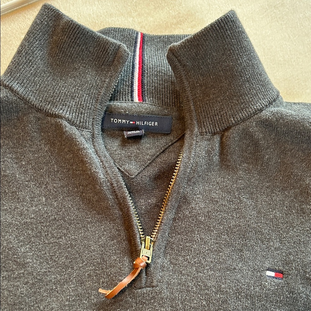Tommy Hilfiger Men's Dark Heather Gray Half-Zip Sweater with Flag Detail
